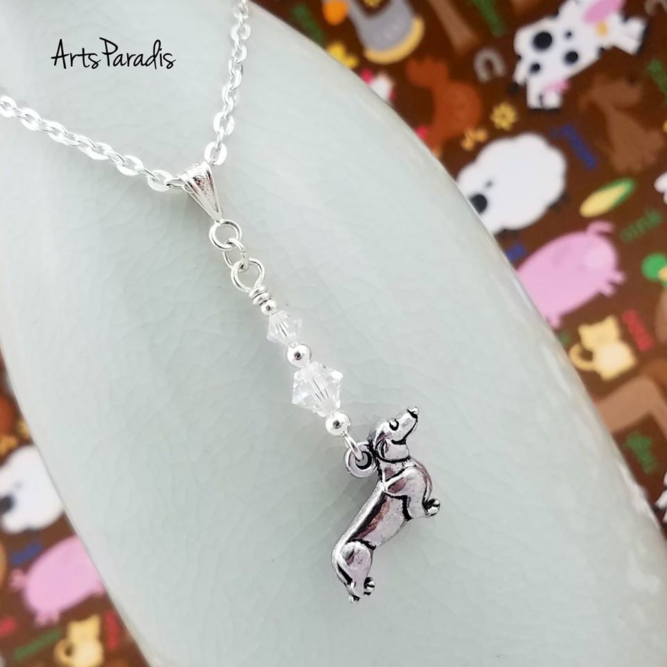 Dachshund Charm Swarovski Crystal Silver Necklace
